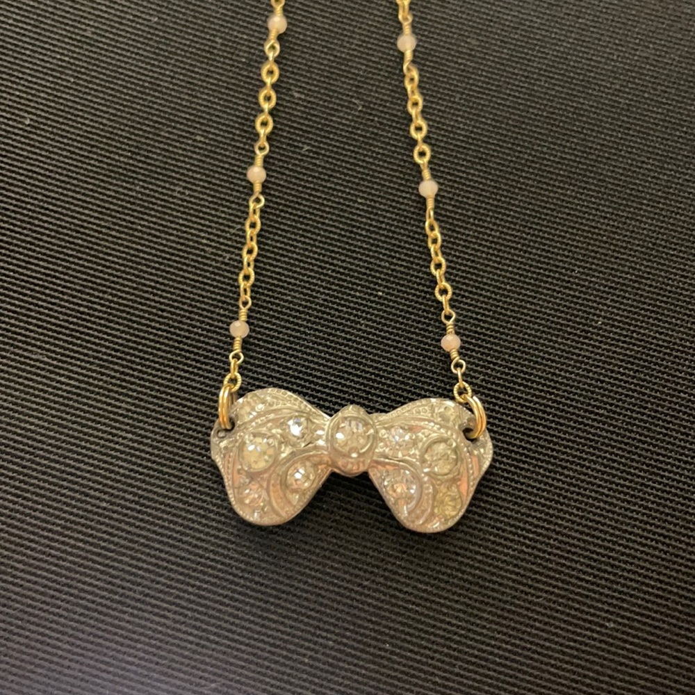 Vintage shoe clip necklace with rose quartz beads